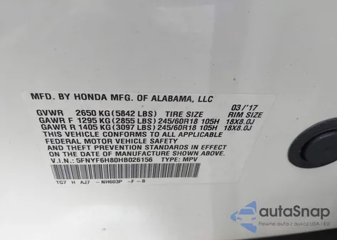 2017 Honda Pilot Ex-L z USA, uszkodzony, nr VIN 5FNYF6H80HB026156